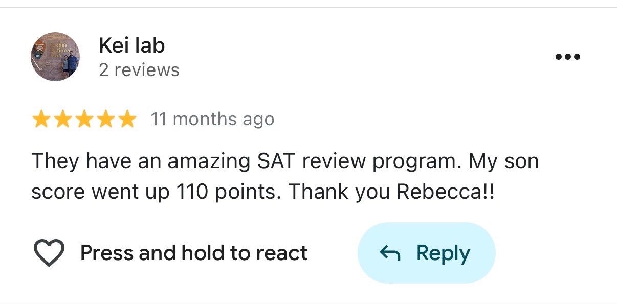 Five-star review praising SAT course effectiveness