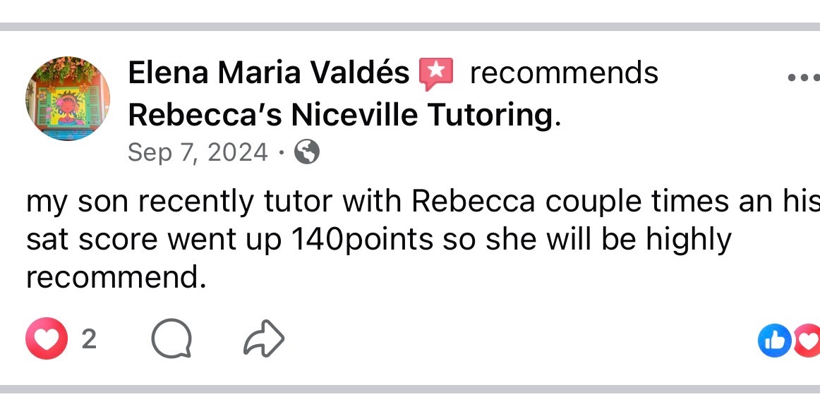 Student review screenshot praising SAT preparation