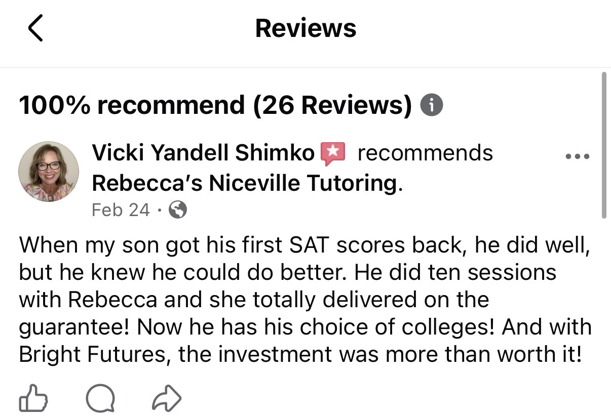 Parent review screenshot showing SAT score improvement