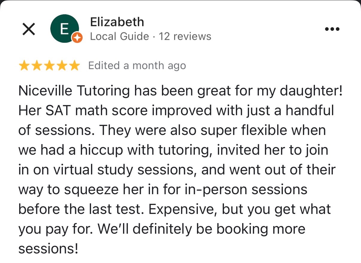 Parent review screenshot about SAT course results