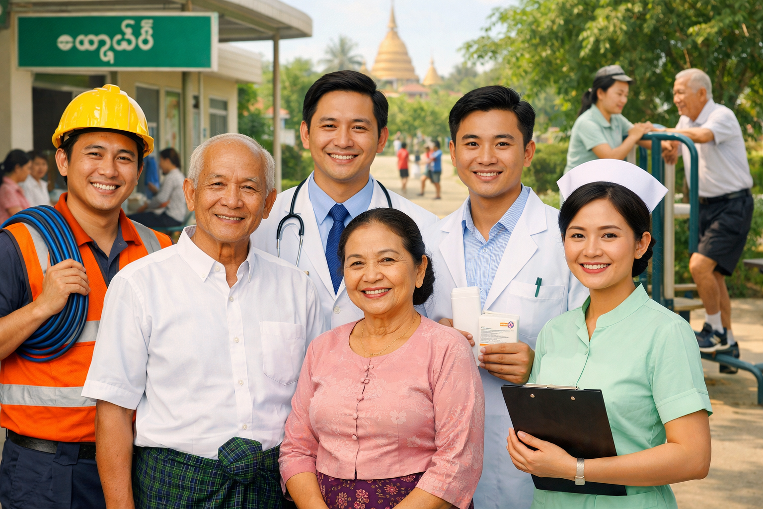 Healthy community with doctors, pharmacist and partners