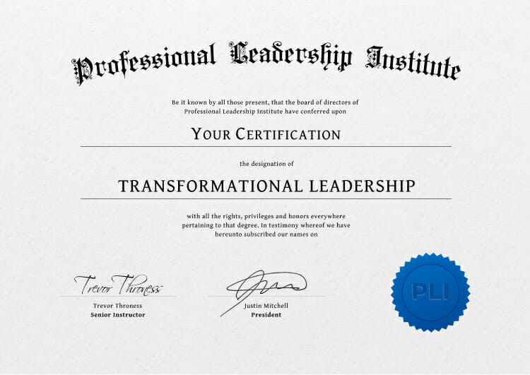 Sample Certificate in Transformational Leadership from Professional Leadership Institute