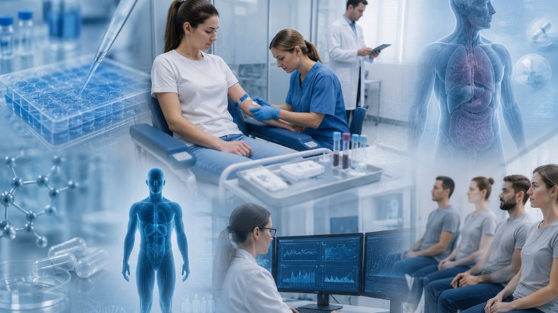Clinical research: lab work, a patient blood draw, a trial volunteer group and data analysis