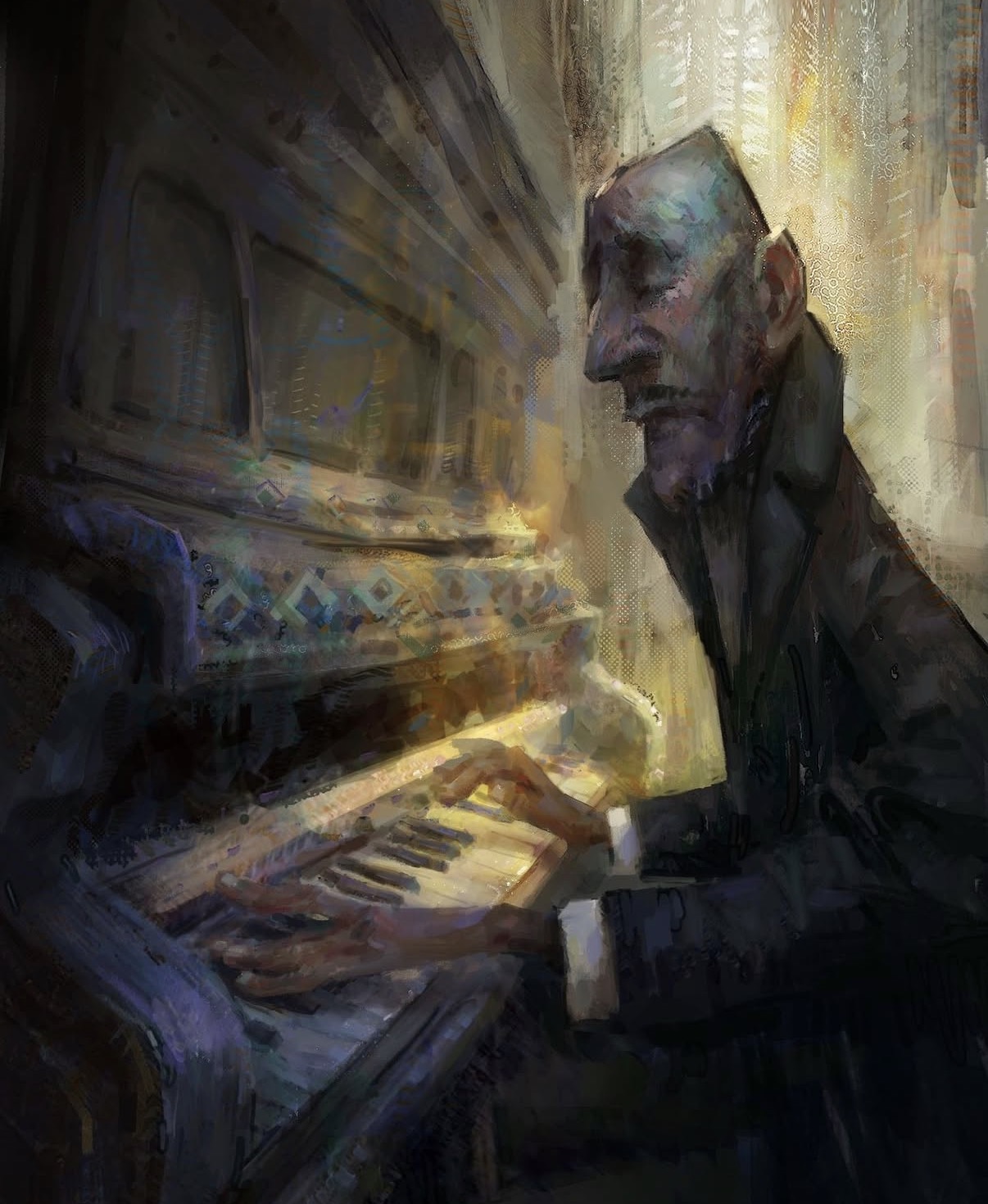 Moody painterly scene of a pianist — Art Mentorship